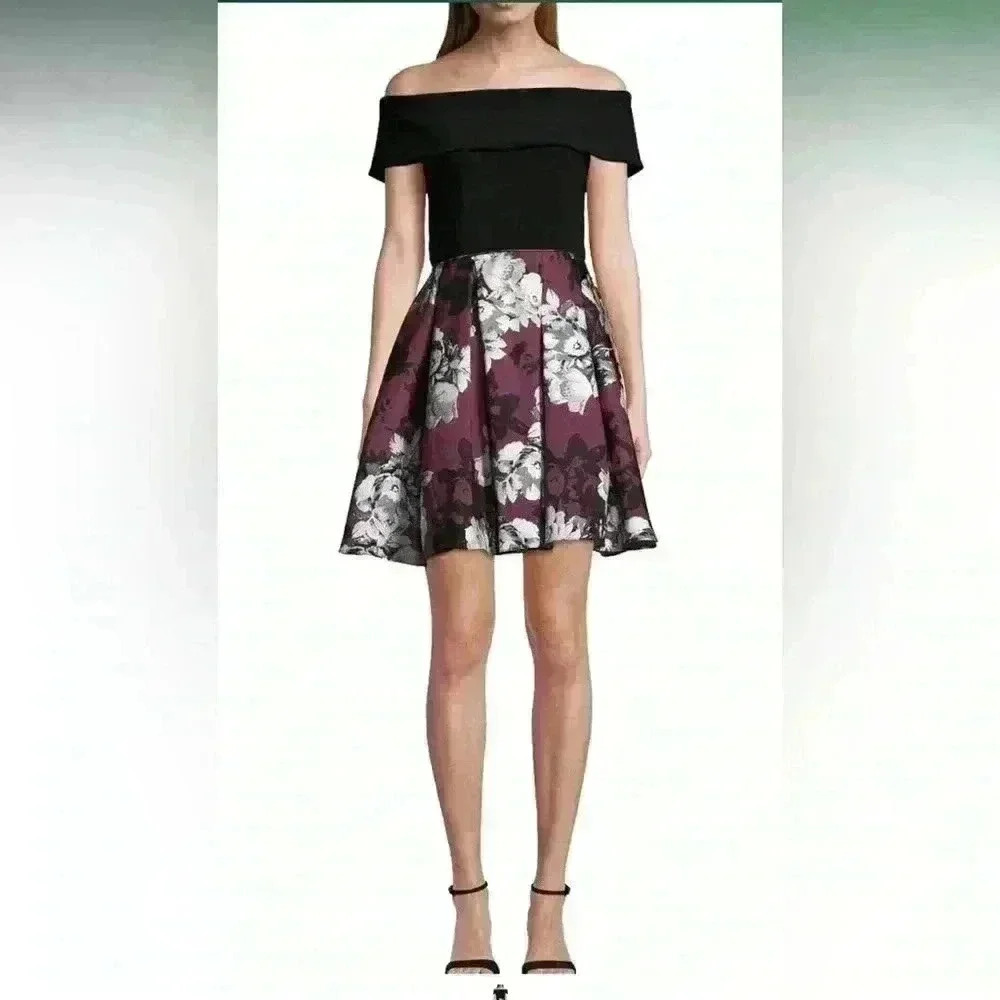 Betsy & Adam dress off the shoulder black floral wedding guest cocktail size 4